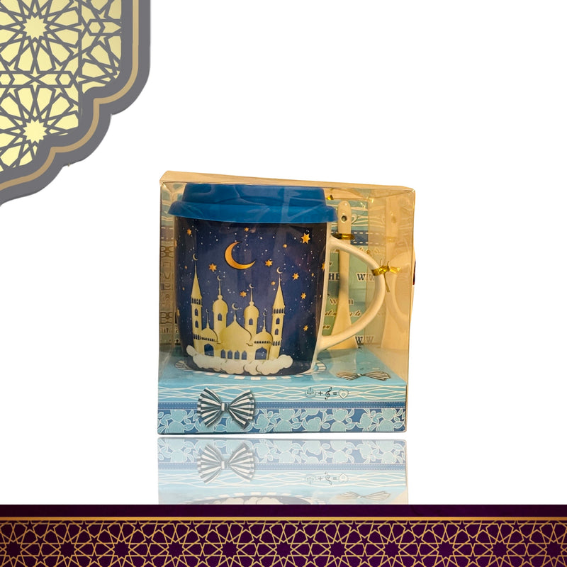 Ramadan - Ceramic Thermos Mug With Theme Print And Spoon Silicone Lid Yellow Mosque