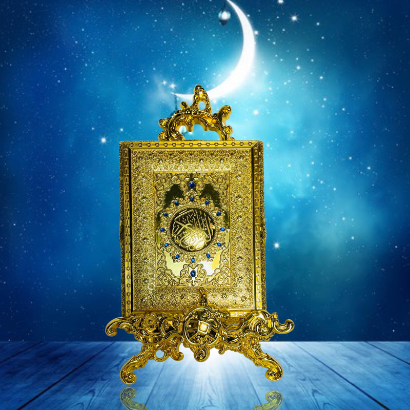 Quran box in metal with stand (medium size) Gold with blue pearls