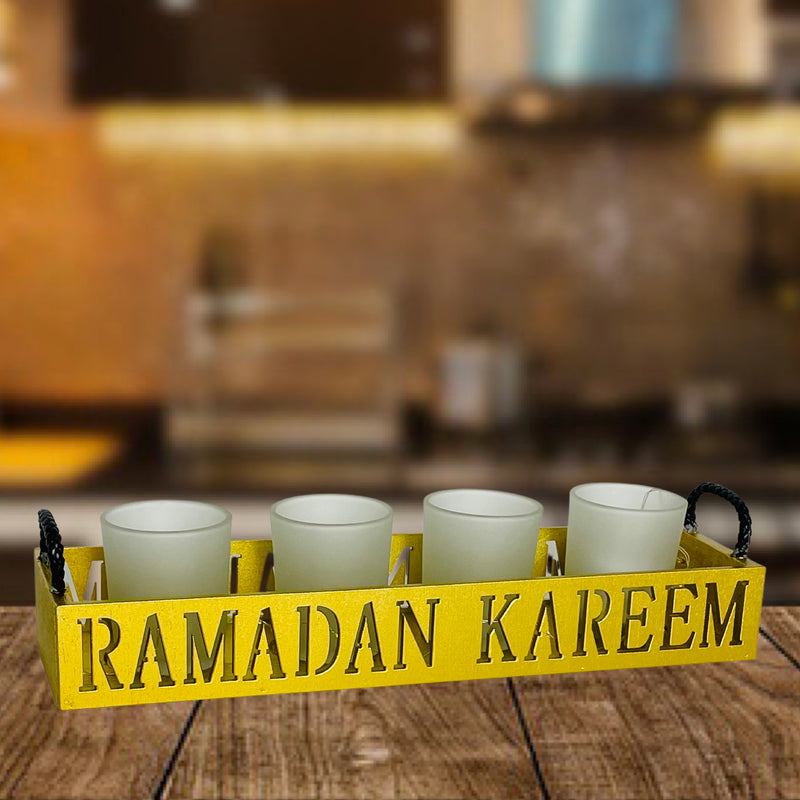 Ramadan - Wooden Tray With Metal Tray With 4 Glasses