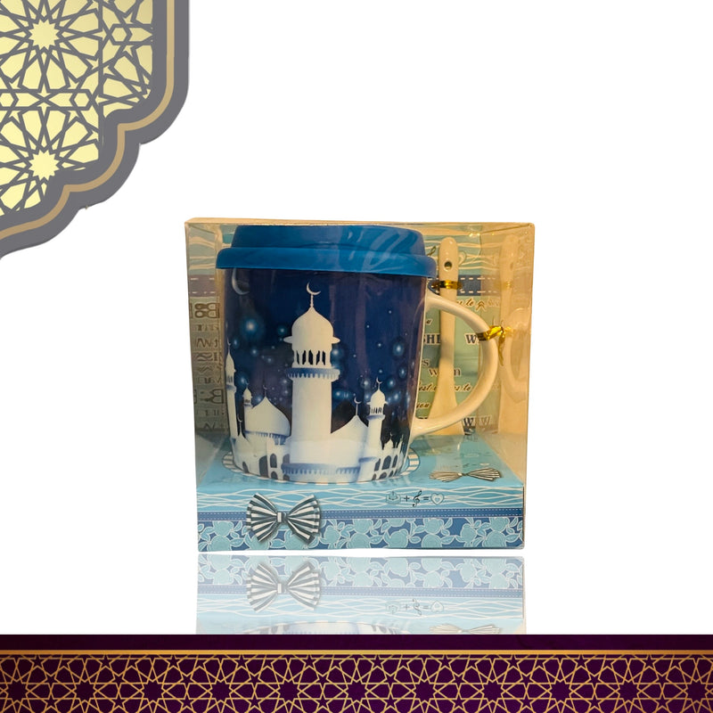 Ramadan - Ceramic Thermos Mug With Theme Print And Spoon Silicone Lid - White Mosque