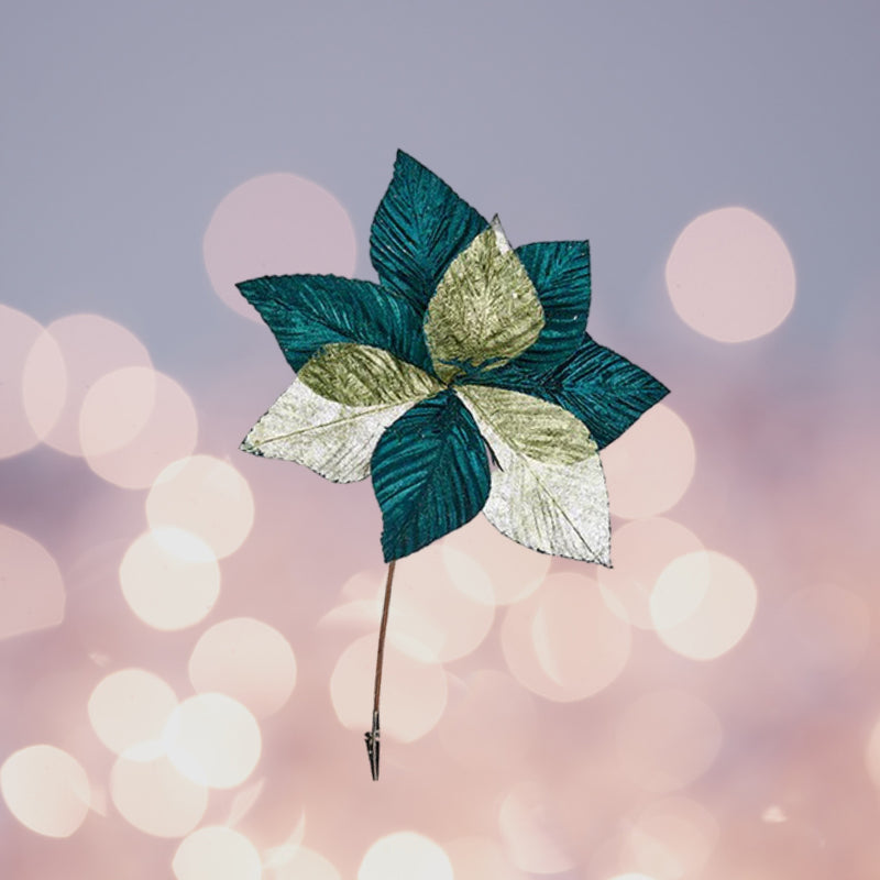 Fabric Flower On Clip 33cm - Dark Green &amp; Gold Christmas Flower