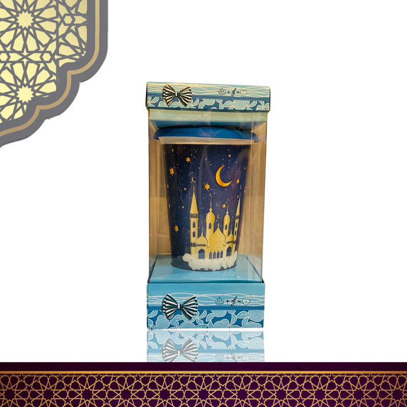 Ramadan - Thermos Mug Ceramic With Silicone Lid In Gift Box - Yellow Mosque