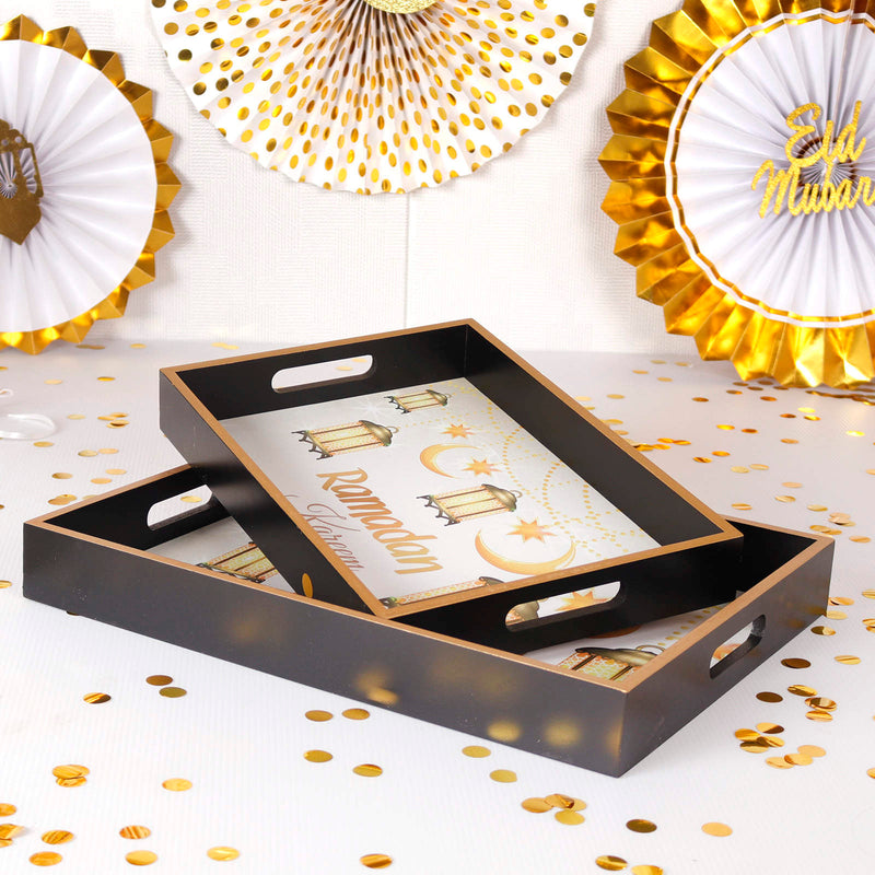 Serving tray set of 2 wooden with gold edge