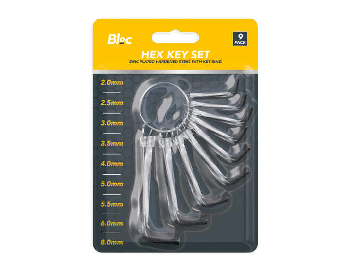 Dette sekskantede nøglesæt også kendt som unbrakonøgler er konstrueret af slidstærkt zinkbelagt stål, hvilket gør dem velegnede til en lang række gør-det-selv-opgaver i hjemmet.Det metriske sæt sekskantede nøgler vil være et praktisk værktøj til at holde fast på din nøglering eller på farten. Med rust- og korrosionsbestandig overflade er dette nøglesæt helt sikkert etværdifuldt værktøj til ethvert gør-det-selv-behov. 9 nøgler fra 2,0 mm til 8,0 mm. 