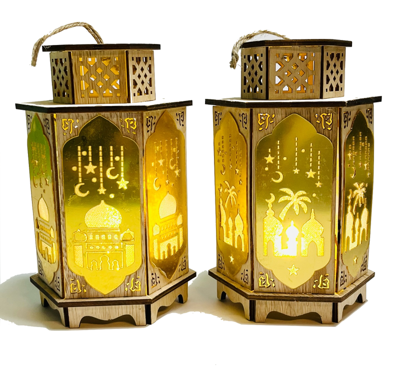Wooden Lantern 20x12cm With LED Light Ramadan Design - Read Info