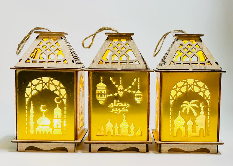 Large Wooden Lantern 22x13cm With LED Light - Ramadan